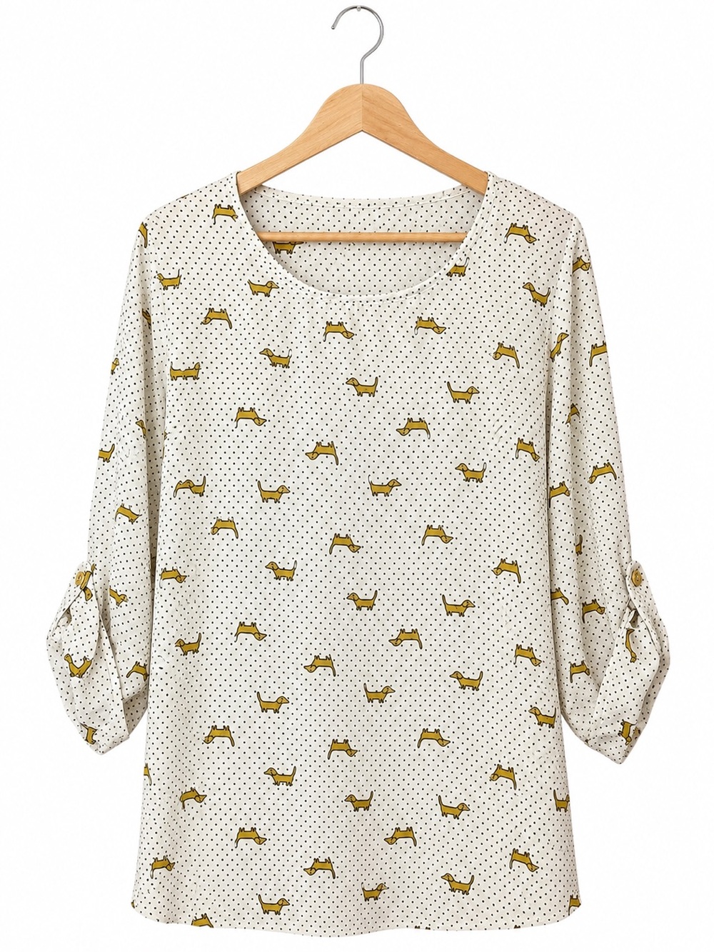 Dachshund Dog Print Polka Dot playful whimsical roll-tab sleeved blouse NWT SM - Picture 1 of 7